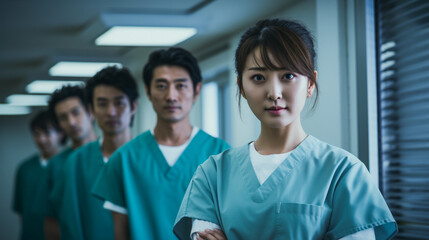 スクラブを着て病院でチームとともに立っている日本人の若い看護学生GenerativeAI