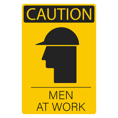 Printable label sticker caution men at work with worker helmet safety, for under construction  industrial site