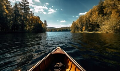 Small wooden boat on the surface in the middle of the beautiful lake in amazing  landscape