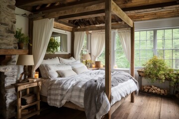 Create a cozy farmhouse haven with a rustic canopy bed, distressed wood furniture