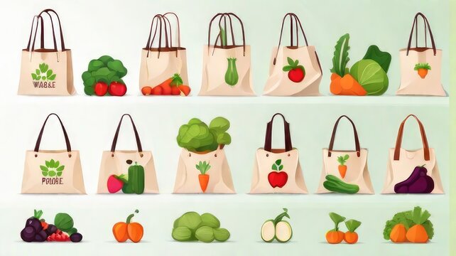 illustration Eco shopping bags , no waste or plastic, white baground, reusable grocery bags with vegetables and fruits flat vector illustration set-