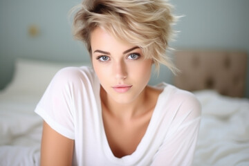 Naklejka premium Blonde woman in white, bedroom background. Concept of natural beauty.