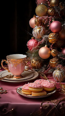 Christmas New Year 2024 donuts , tree, background, branch, cup