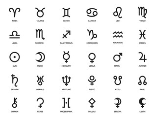 astrology symbol set. zodiac signs, planet and asteroid symbols. astronomy and horoscope icon © Назарій