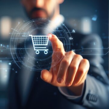 Photo of a businessman touching the cart icon on an online shopping virtual screen, concept business-