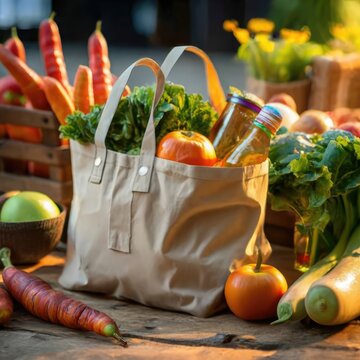 scenery reusable bag with groceries, realistic, detailed, high resolution-