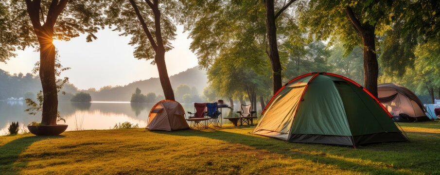 Tents at amazing camping site in the forest near the lake. Camping theme.