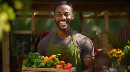 A male farmer holds a wooden box of fresh vegetables