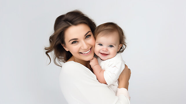Portrait of happy mother embracing her baby girl isolated on white background.