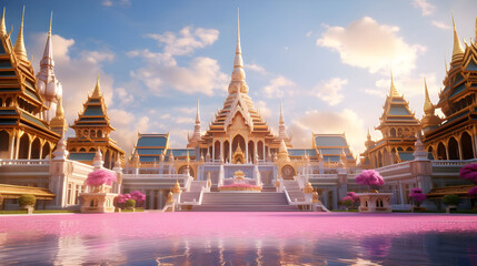 A pink beautiful grand queen palace ,Opulent Queen in a Grand Palace Surrounded by flowers , summing pool Generative AI