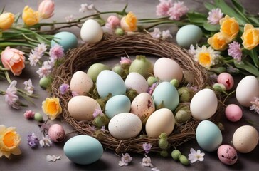 easter basket with eggs and flowers