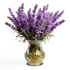Fototapeta premium Fresh lavender flowers in a vase with water isolated on transparent background. Generative AI