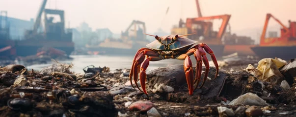 Foto op Canvas Dirty crab stands among garbage and plastic trash in background © Celina