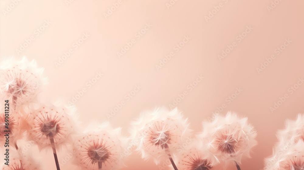 Poster a serene and elegant photo capturing the delicate beauty of dandelion fluff against a minimalist bac