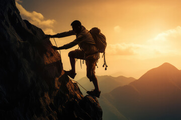 man support climbing on mountain on background
