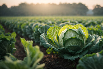 young cabbage grows in the farmer field, growing cabbage in the open field with beautiful sunlight . agricultural business. - obrazy, fototapety, plakaty