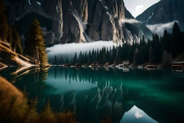 Natural landscapes of the lake Braies Lago di Braies with morning fog and reflection of the mountain peak in Dolomites, Italy