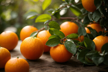 Orange fruit with green leaves on the wood. Home gardening. Mandarine oranges. Tangerine oranges. Orange color. Fresh orange juice.