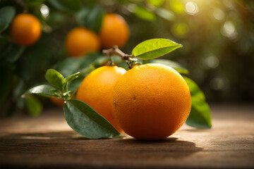 Orange fruit with green leaves on the wood. Home gardening. Mandarine oranges. Tangerine oranges. Orange color. Fresh orange juice.