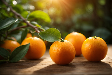 Orange fruit with green leaves on the wood. Home gardening. Mandarine oranges. Tangerine oranges. Orange color. Fresh orange juice.