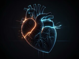 transparent glowing human heart, glowing lines, black background, for design, isolated