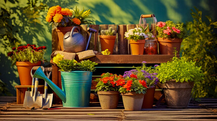 Ogrodnictwo — zestaw narzędzi dla ogrodnika i doniczek w słonecznym ogrodzie.
