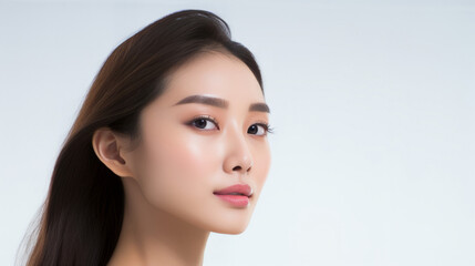 Young asian girl with perfect skin on white background. Female Skin care editorial. Asian beauty portrait. 