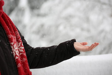 The girl catches snowflakes. A very beautiful scarf with an ornament cozy complements the picture.
