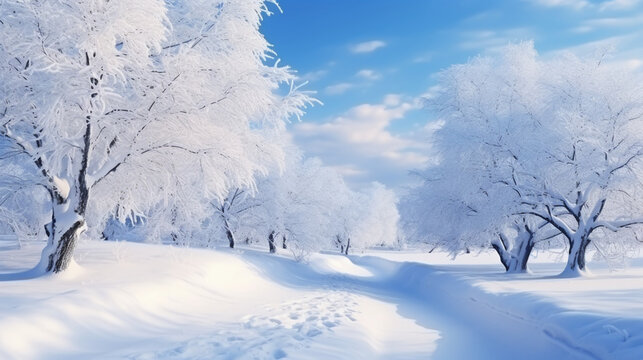 雪の下にきれいな木がある冬の風景GenerativeAI
