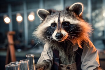 Funny raccoon scientist in a laboratory.
