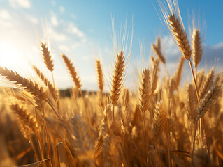 A vast sunlit field of golden wheat swaying in the breeze.