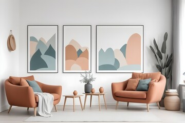 A terracotta sofa and armchairs against a wall with paintings. Artistic posters hang on the wall above the sofa. Interior design of a modern living room in Scandinavian style.