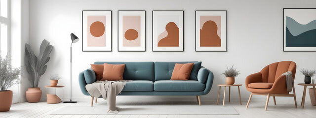 A terracotta sofa and armchairs against a wall with paintings. Artistic posters hang on the wall above the sofa. Interior design of a modern living room in Scandinavian style.