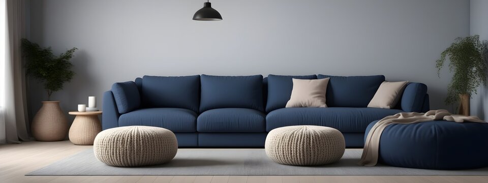 Fototapeta A dark blue corner sofa next to knitted puffs. Interior design of a modern living room in the Scandinavian style.