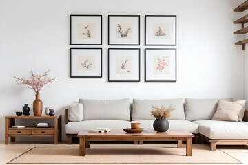 Fototapeta na wymiar Coffee table near a white sofa and wooden cabinets against a wall background with empty frames, with copy space. Interior design of a spacious and bright living