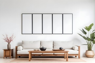 Fototapeta premium Coffee table near a white sofa and wooden cabinets against a wall background with empty frames, with copy space. Interior design of a spacious and bright living