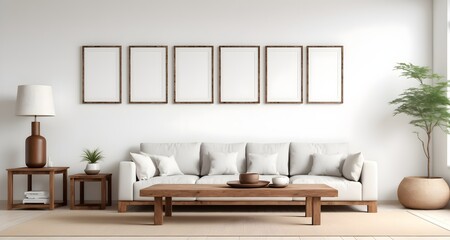 Coffee table near a white sofa and wooden cabinets against a wall background with empty frames, with copy space. Interior design of a spacious and bright living