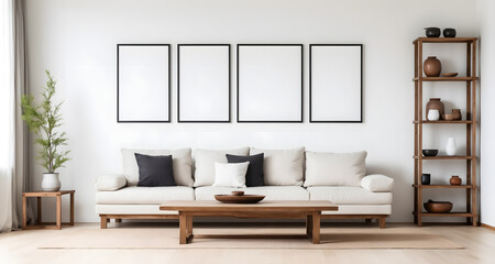 Coffee table near a white sofa and wooden cabinets against a wall background with empty frames, with copy space. Interior design of a spacious and bright living