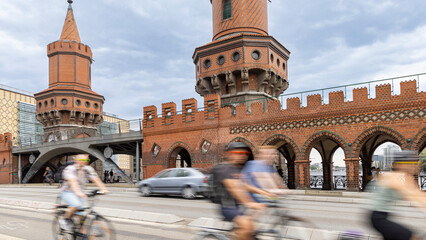 Street view of famous Oberbaum bridge in Berlin Germany during rainy weather. One the main...