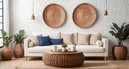 Fototapeta na wymiar Interior design of a country house in the French style, modern living room. A round wicker coffee table sits next to a white sofa with blue cushions against a white brick wall.