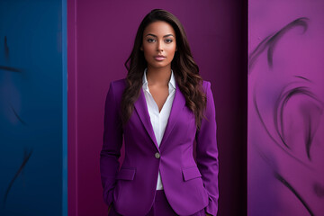 african american businesswoman in stylish suit against purple backdrop