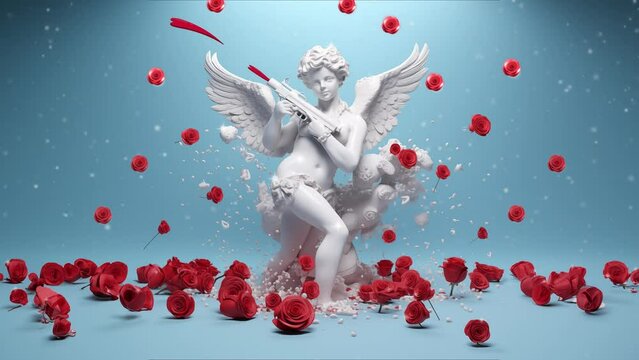Sculpture Of Cupids Hold A Big Gun Shooting Red Small Hearts on Pastel Blue Background. 3d Modeled And Animated Video. Abstract Background For Love Theme. Valentines Day background. 