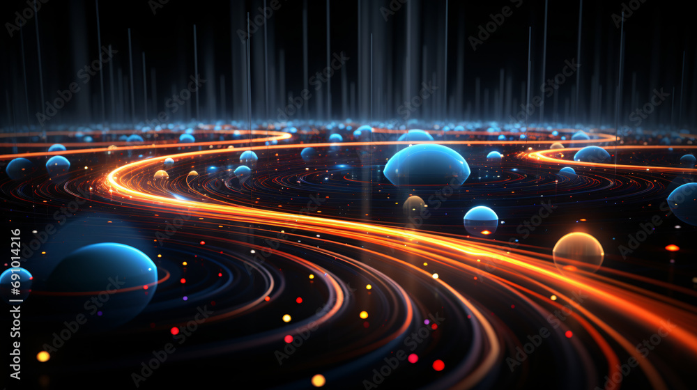 Poster microscopic visualization data network circular ray light bending cosmic background