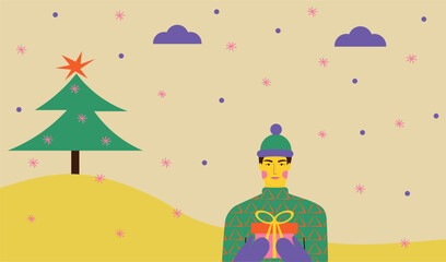 Young man holding a Christmas present in his hands. Christmas and New Year background with Christmas tree, snow and snowflakes. Vector illustration in minimalistic style for posters,  banners. EPS 10.