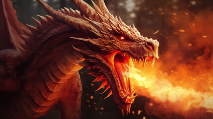 An evil dragon emits (breathes out) flames from its mouth.Fire-breathing dragon. - obrazy, fototapety, plakaty