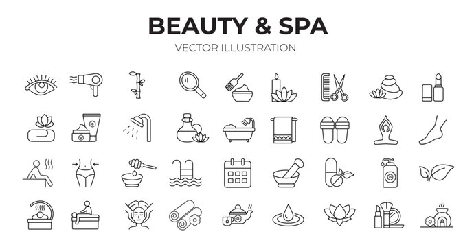 Beauty & Spa editable stroke outline icons set. Beauty, yoga, aromatherapy, spa, skin care, massage and cosmetics. Vector illustration
