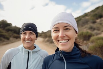 Outdoor Fitness Adventure: Close-Up of Two Women Wearing Athleisure Clothing While Trail Running