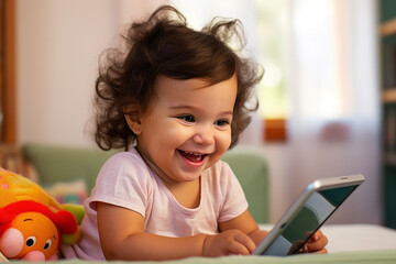 Toddler little girl engaging with a tablet in kindergarten - obrazy, fototapety, plakaty