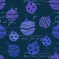Seamless pattern Christmas toys, balls retro doodle decoration. Illegible text