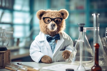 Funny bear scientist in a laboratory.